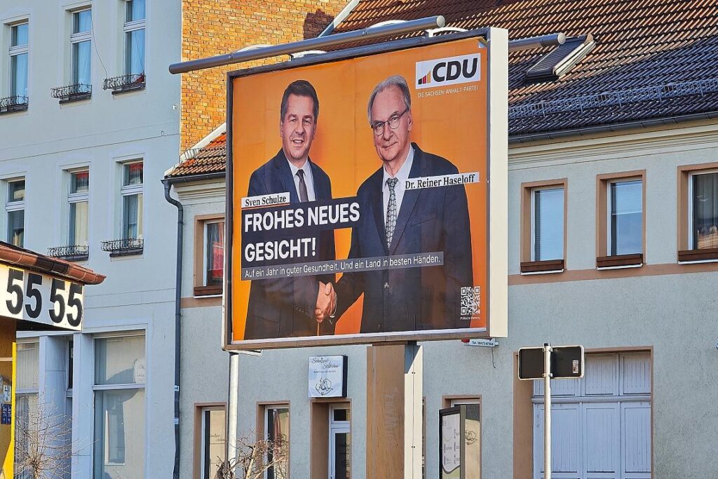 CDU-Plakat mit Sven Schulze und Reiner Haseloff am 07.01.2026